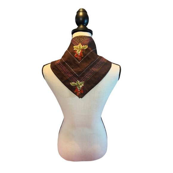 Vintage Jean Pierre Robin Square Scarf Silk Brown Autumn Leaves Geometric 19 in - Picture 2 of 5